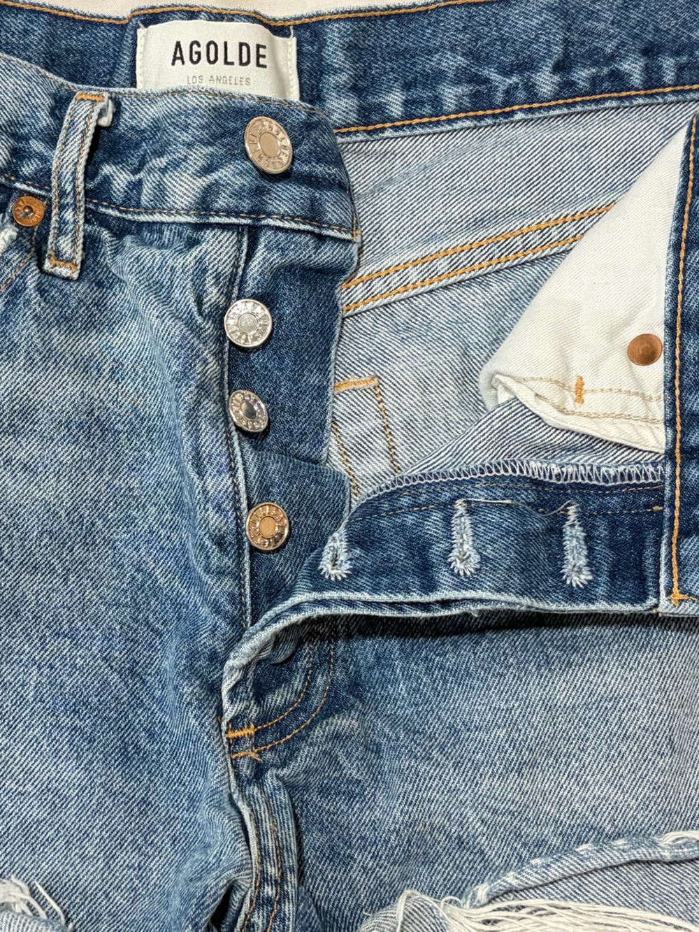 AGOLDE Distressed High Rise Denim Shorts Medium Wash - Picture 2 of 9